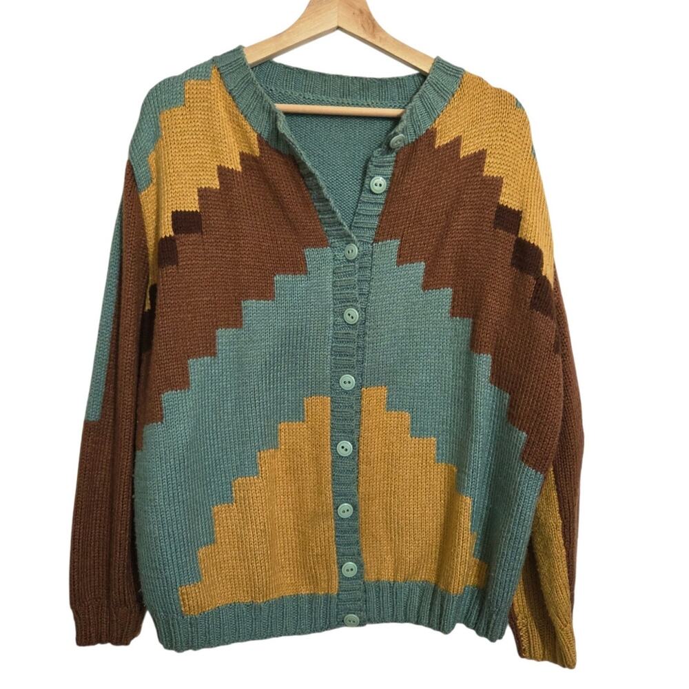 Vintage Handmade Colorblock Soft Relaxed Button Up Cardigan Sweater - 48" Chest
